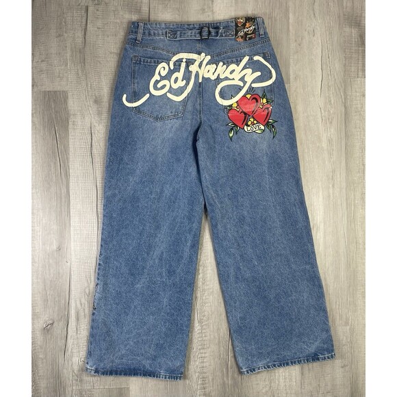Ed Hardy Heart Dagger Love Wide Leg Loose Fit Retro Light Jeans Size 32 Y2K R - Picture 1 of 11